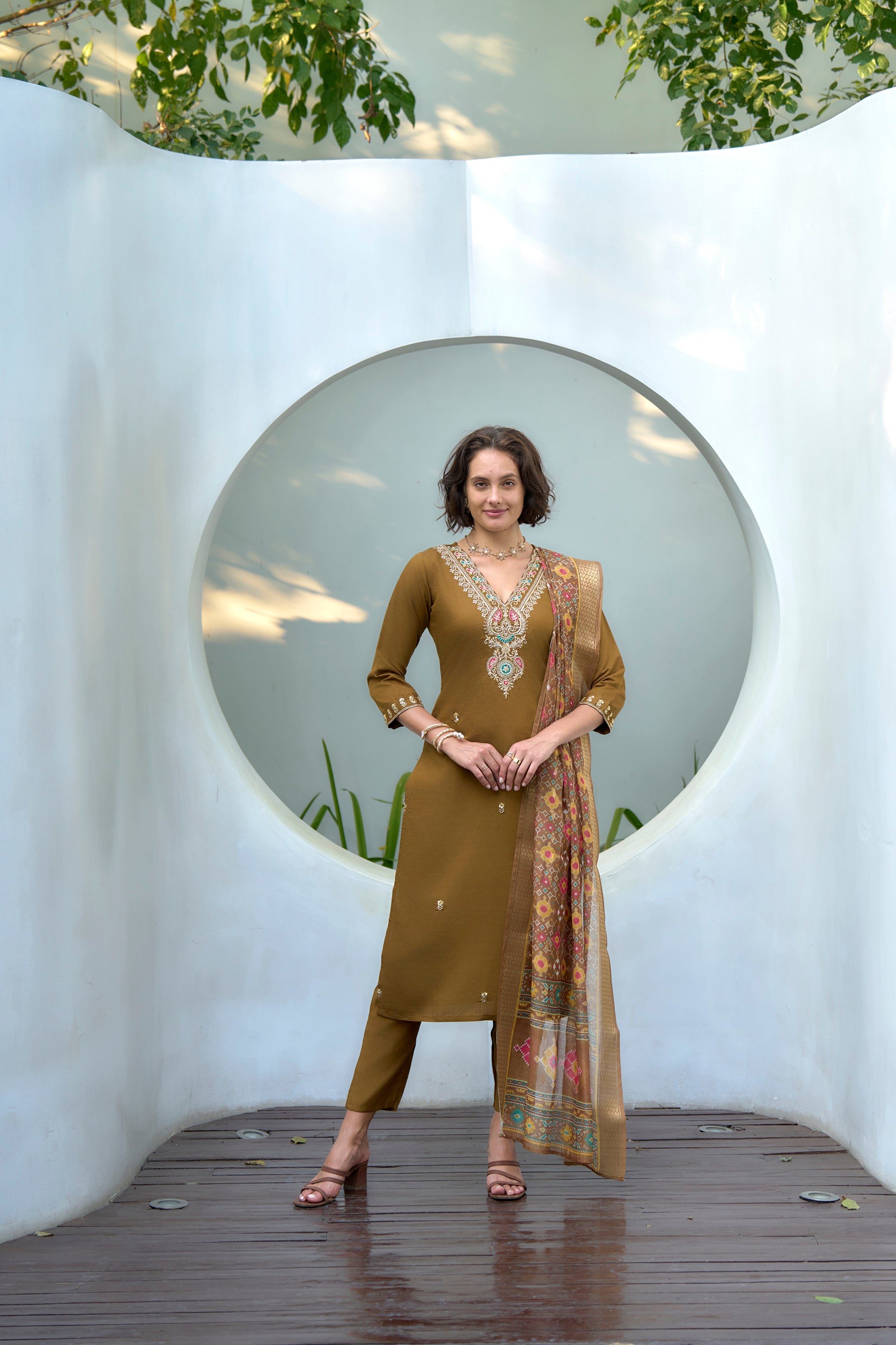 Dark Khaki Vatican Kurti Set with Chanderi Butti Dupatta